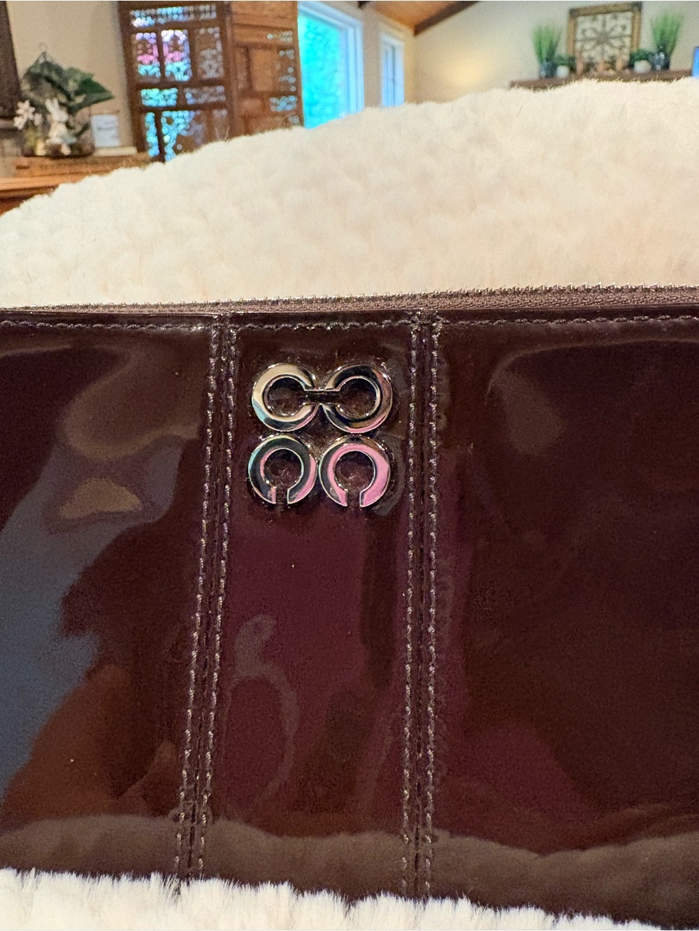 Coach Brown Patent Leather Wristlet with large animal print scarf - Picture 6 of 13